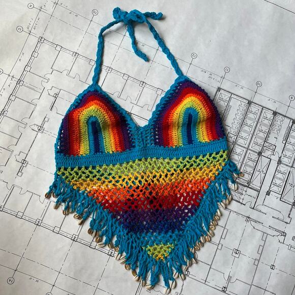 rare deadstock 90s shell beaded crochet halter top in rainbow - Picture 4 of 8